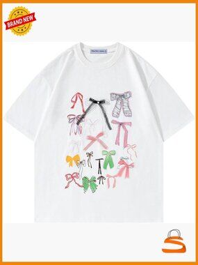 Oversized Bow Print Short Sleeve T-Shirt Casual Cotton Top